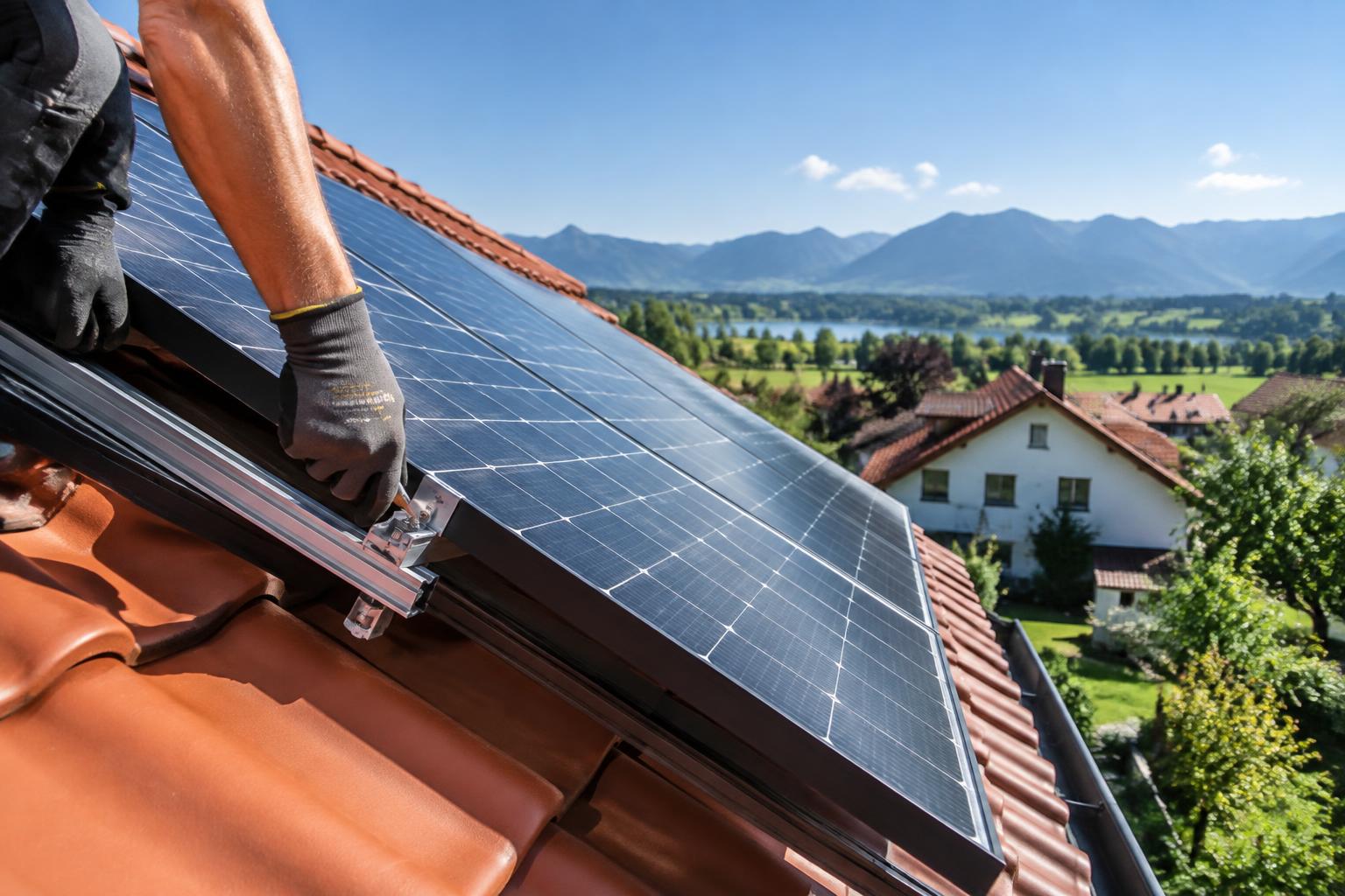 Monteur befestigt Solarmodule einer Photovoltaikanlage auf einem Ziegeldach, im Hintergrund Landschaft und Berge
