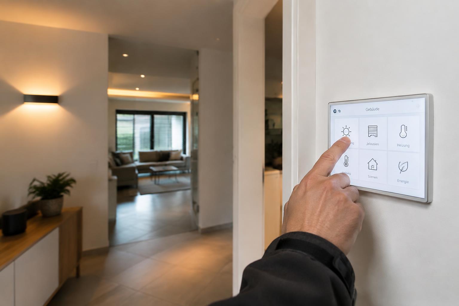 Hand bedient ein Smart-Home-Bedienfeld an der Wand zur Steuerung von Licht, Jalousien und Heizung